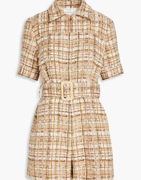 Sandro Acacia Playsuit aus kariertem Tweed aus einer Baumwollmischung mit Gürtel